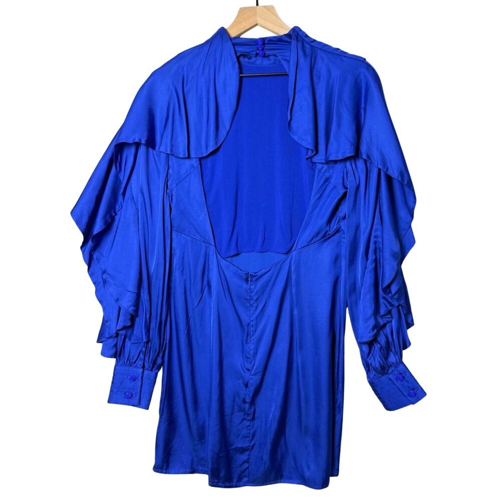 Farm Rio Mini Dress Bright Blue Open Back Ruffled Long Sleeve Women’s M - Picture 2 of 16